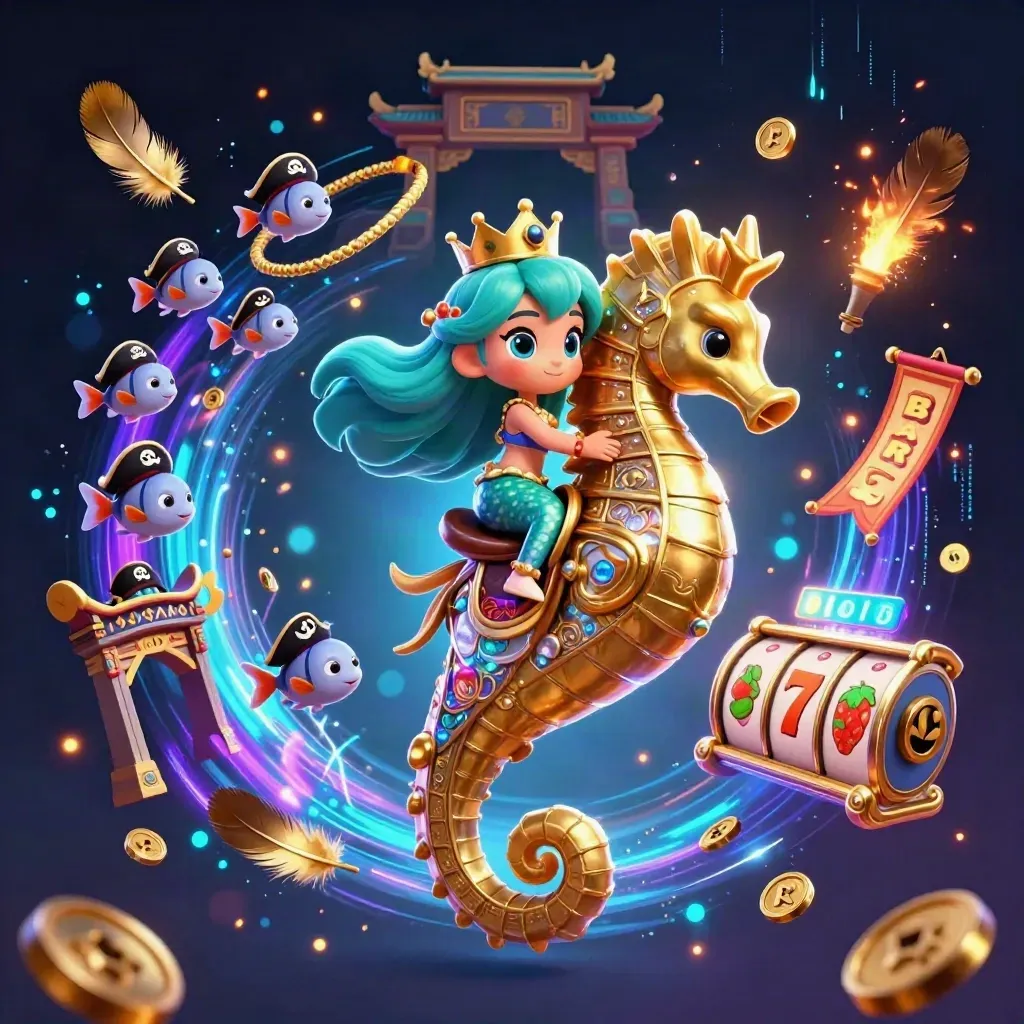 Mermaid princess on an armored seahorse with pirate fish, coins, reels, and neon casino magic.