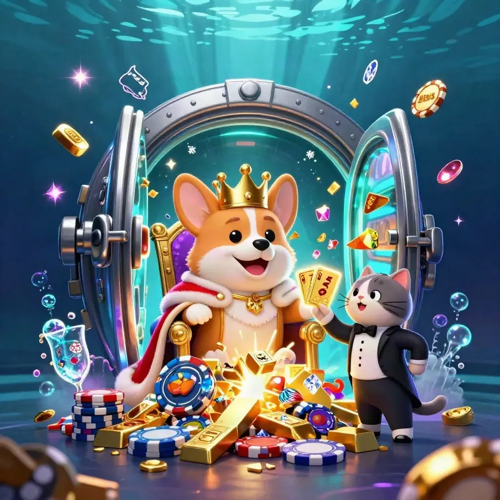 Royal corgi and cat butler amid a glowing treasure vault undersea casino scene