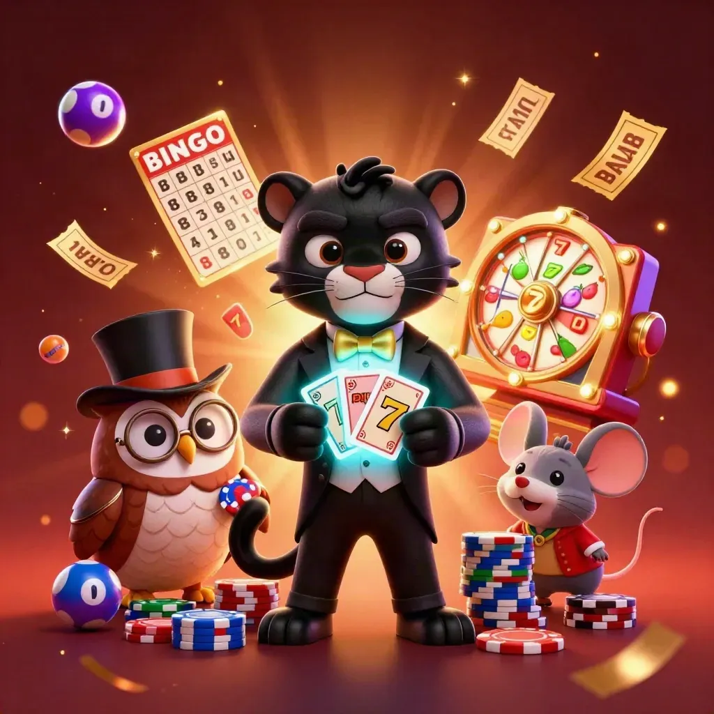 Tuxedo panther, owl, and mouse in a glowing casino scene with reels, chips, and flying cards.