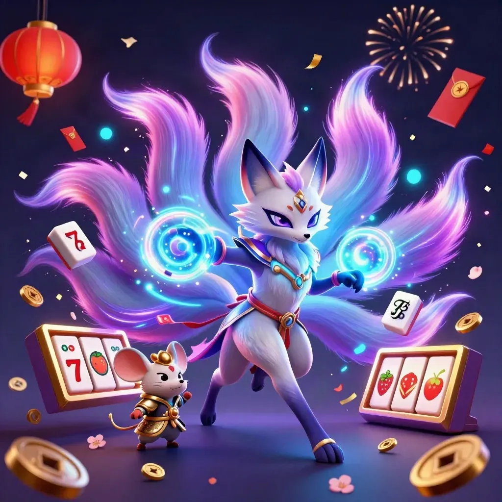 Nine-tailed neon fox spirit with samurai mouse, casino symbols, and glowing fireworks