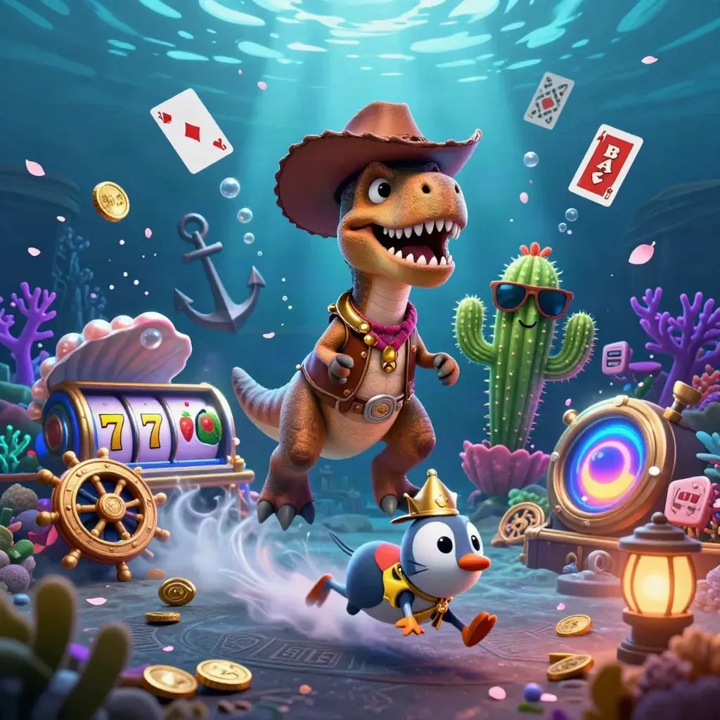 Cowboy T-Rex, cactus sidekick, and roadrunner in a neon underwater treasure cove.