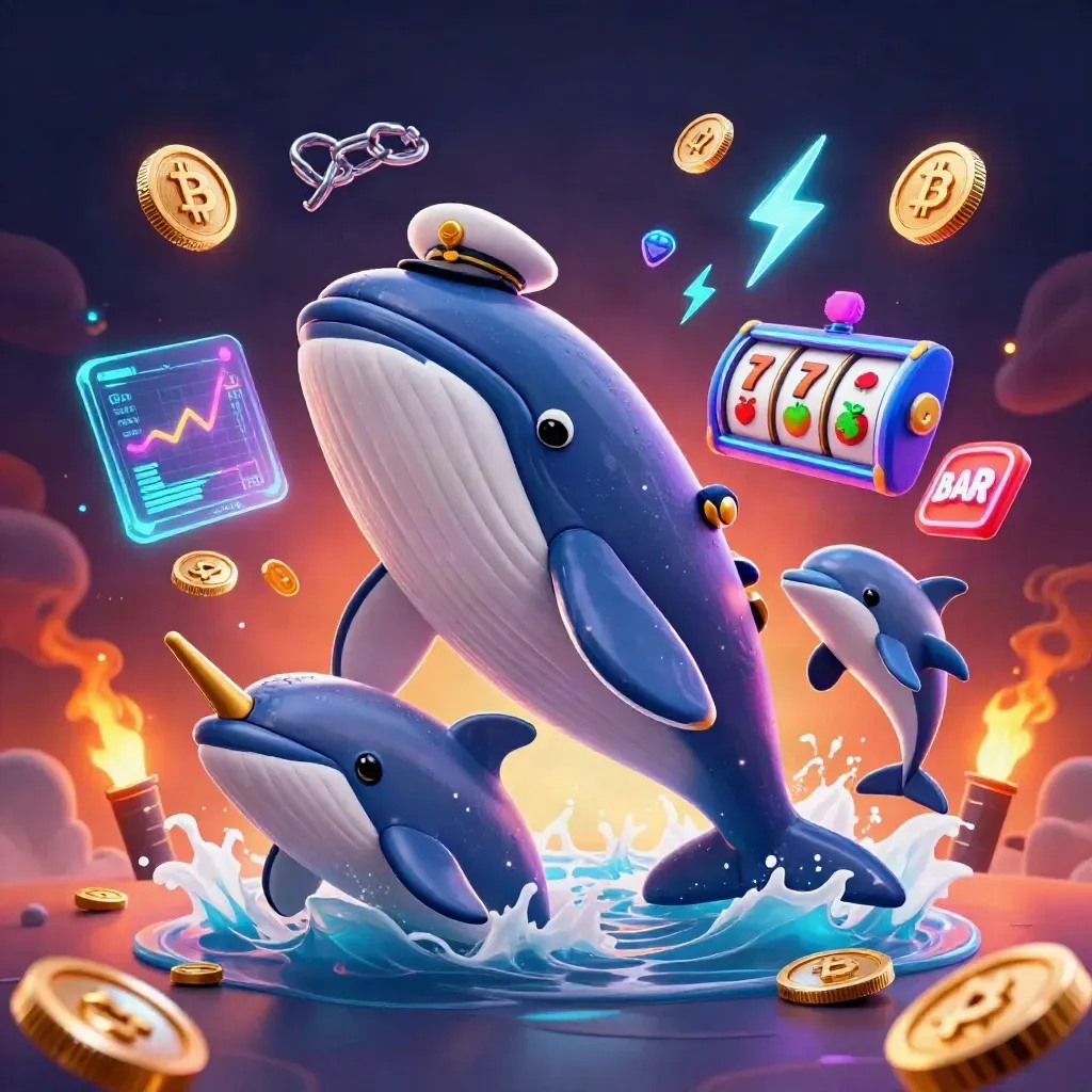 Whale captain, narwhal, and dolphins amid glowing coins and slot symbols