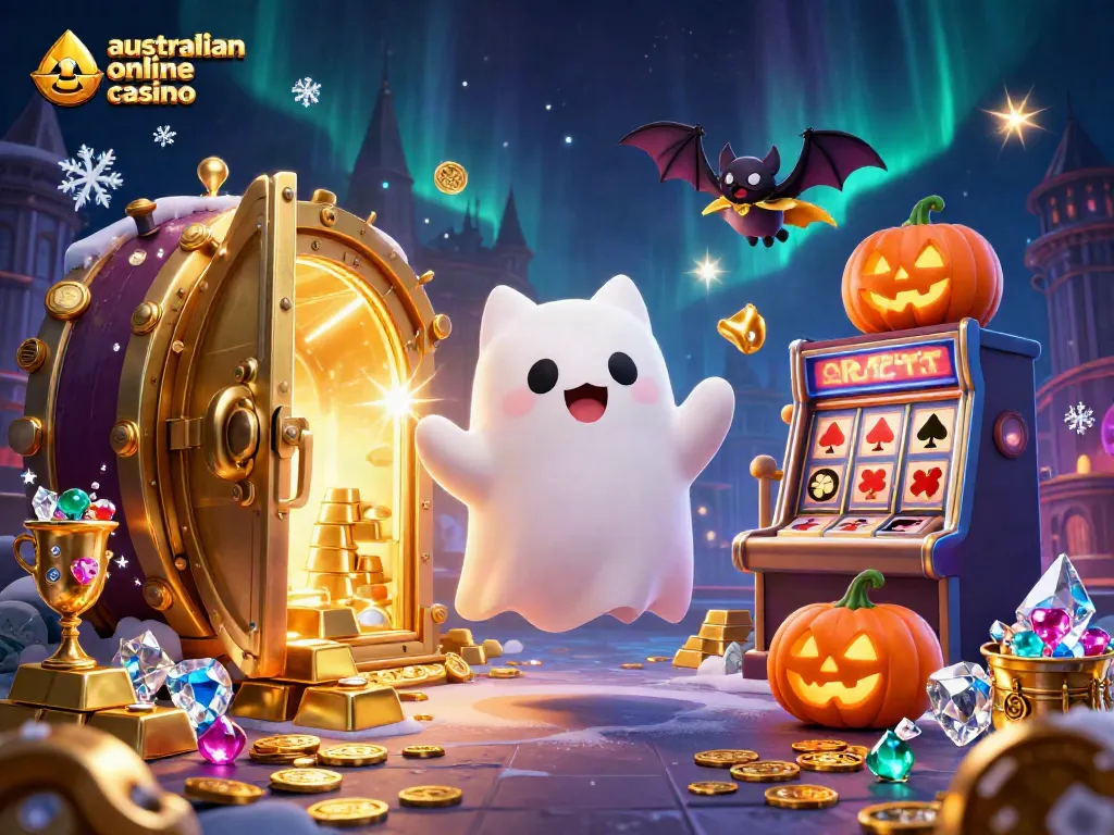A friendly ghost cat explores a vibrant casino with a vampire bat, showcasing australian online casino australia excitement.