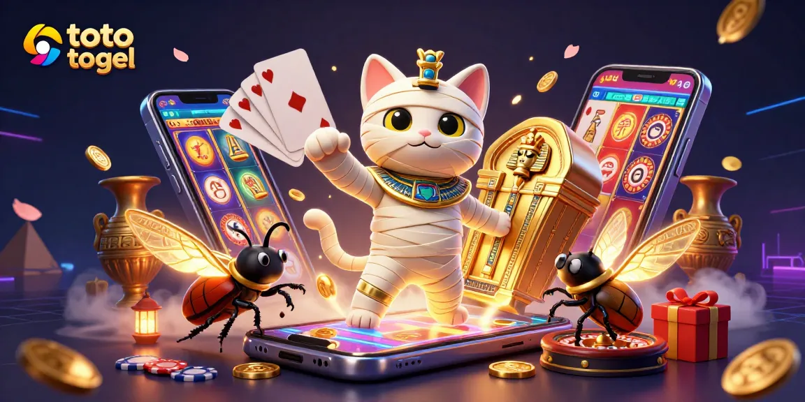 Experience thrilling toto togel action with the Egyptian mummy cat and casino elements in a dynamic scene.
