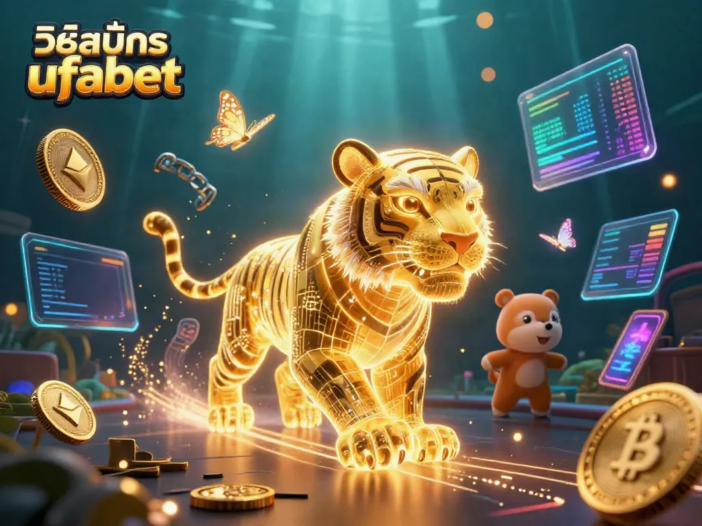 Engage with วิธีสมัคร ufabet in a vibrant, energetic digital casino realm filled with glowing crypto coins and casino elements.