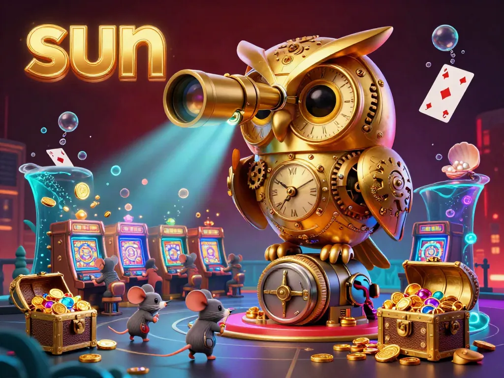 Experience slot gaming fun under the glowing sun with a vibrant owl and scurrying mice in a packed casino.