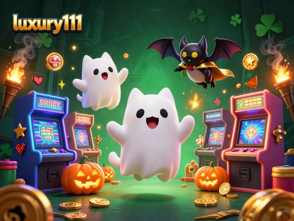 Experience luxury111 in a vibrant haunted casino scene with a friendly ghost cat and gaming elements.