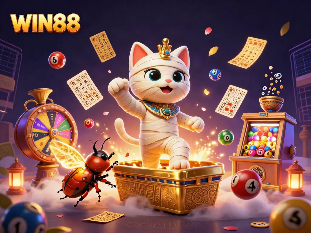 WIN88 brings luck with a 3D mummy cat in a vibrant casino scene filled with thrilling game elements.