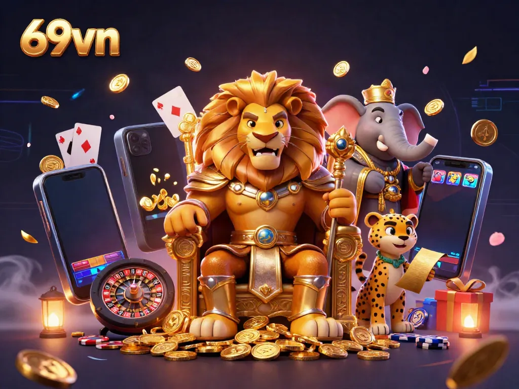Experience the thrill of 69vn with vibrant slots, golden coins, and dynamic gaming characters.