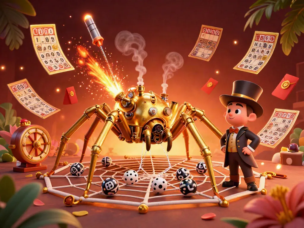Bingo 101 illustration showcasing a steampunk spider and bingo elements in an animated scene