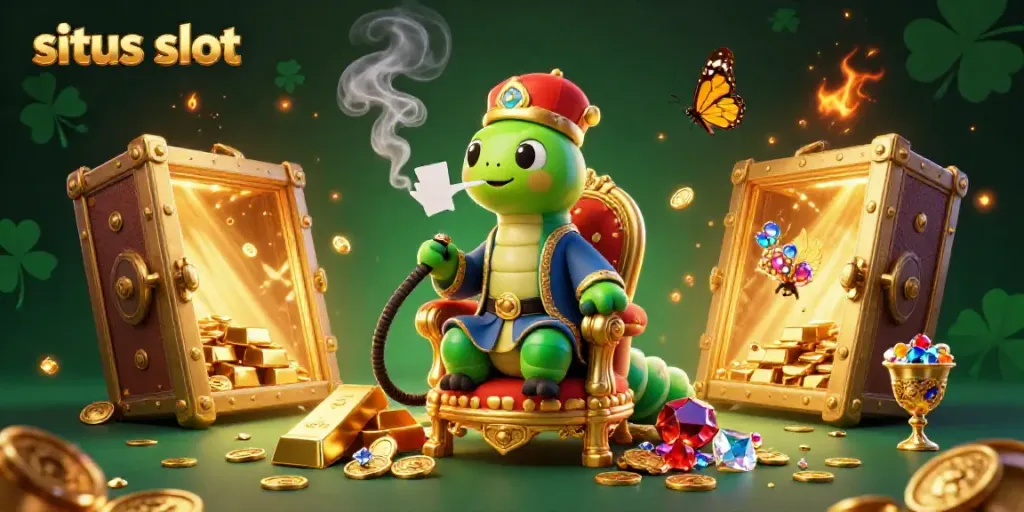 Experience thrilling situs slot action with a masterful caterpillar figure amidst dazzling treasures and symbols.