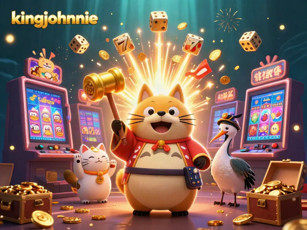 Enhance your luck with kingjohnnie at a vibrant casino scene featuring animated characters, exciting games, and jackpots.