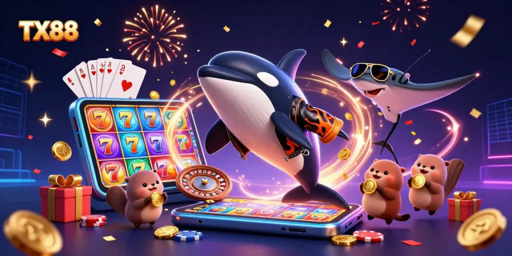 TX88 celebrates wins with an orca, stingray, and otters enjoying slot game treasures amid festive confetti.
