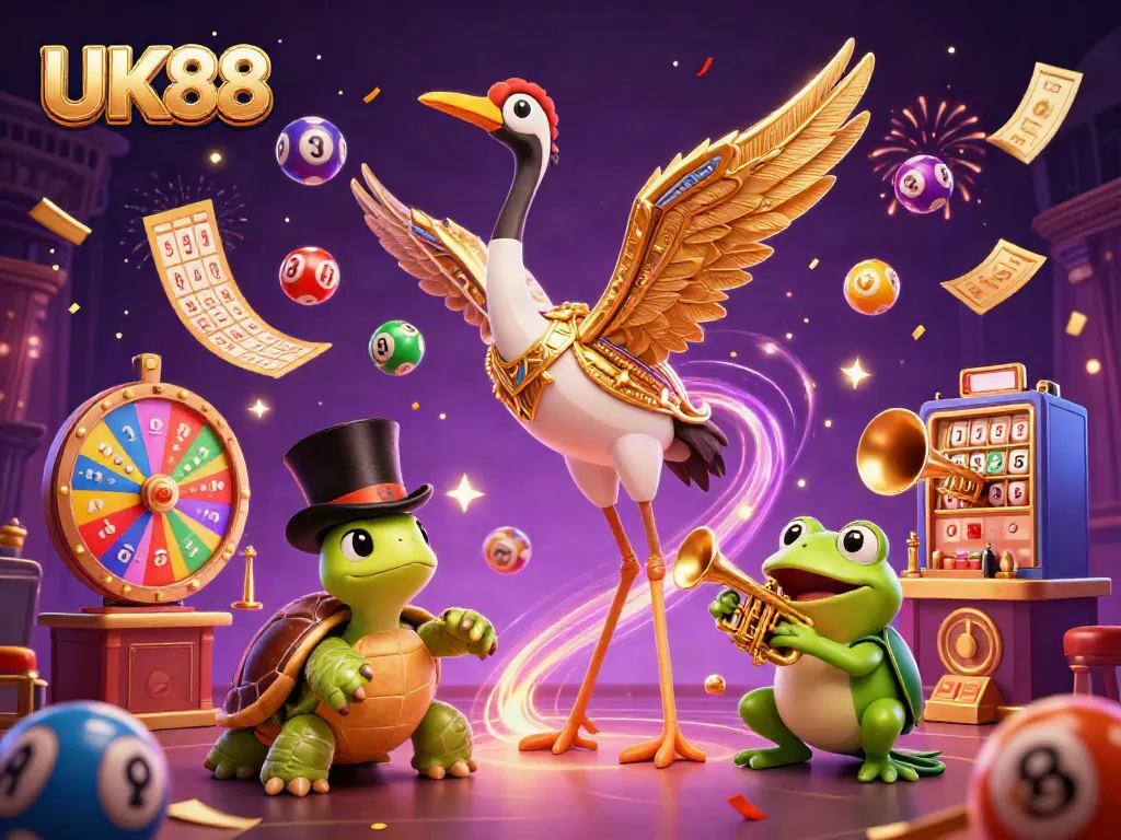 Win big with UK88 in a vibrant casino scene filled with colorful lottery elements.