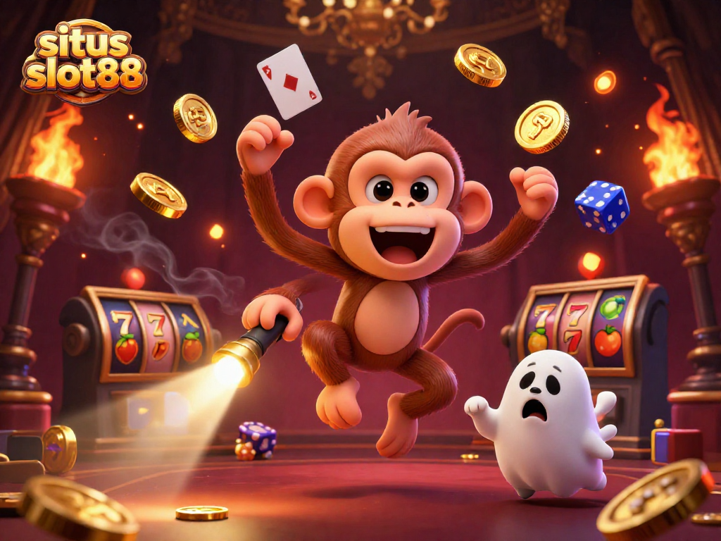 Situs slot88 showcases an exhilarating scene with a poltergeist monkey and ghost-hunter puppy in a dynamic casino setting.