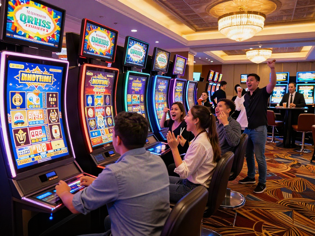 Excited friends celebrating a win at slot depo qris machines in a vibrant casino atmosphere