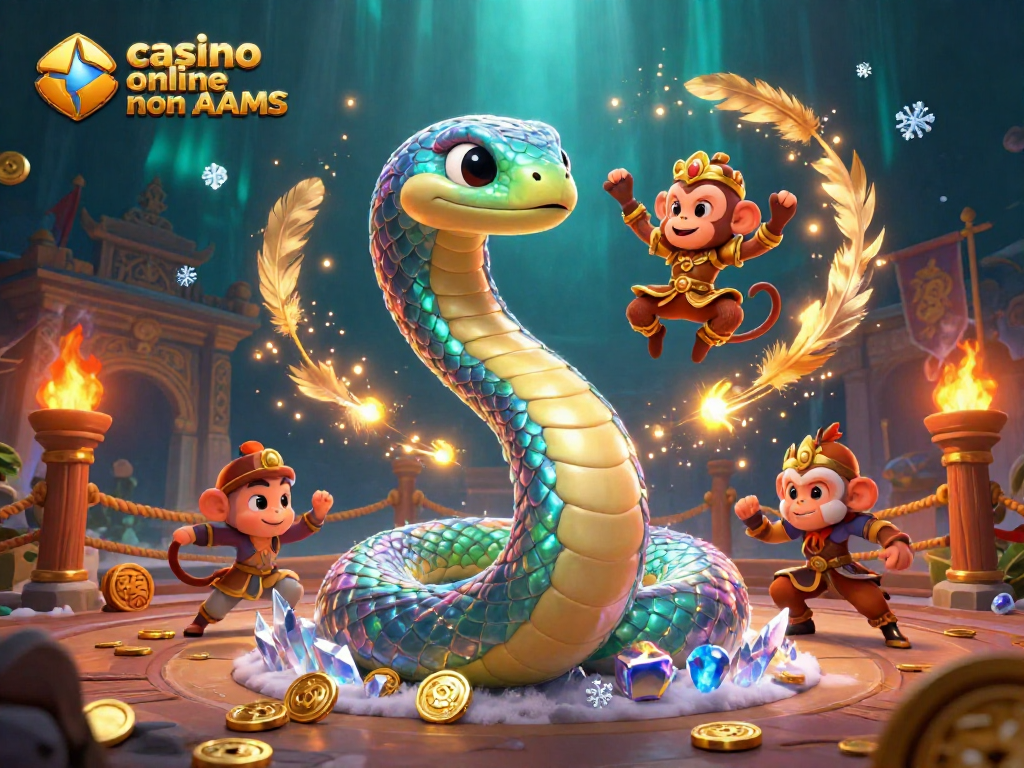 Gioca in un casino online non AAMS con il serpente arcobaleno e il re scimmia tra effetti di fuoco e oro.