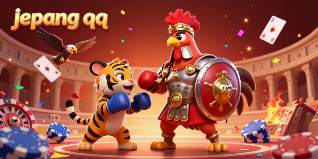 Permainan Jepang QQ yang seru dengan karakter gladiator ayam dan elemen poker menyatu dalam atmosfer festival.