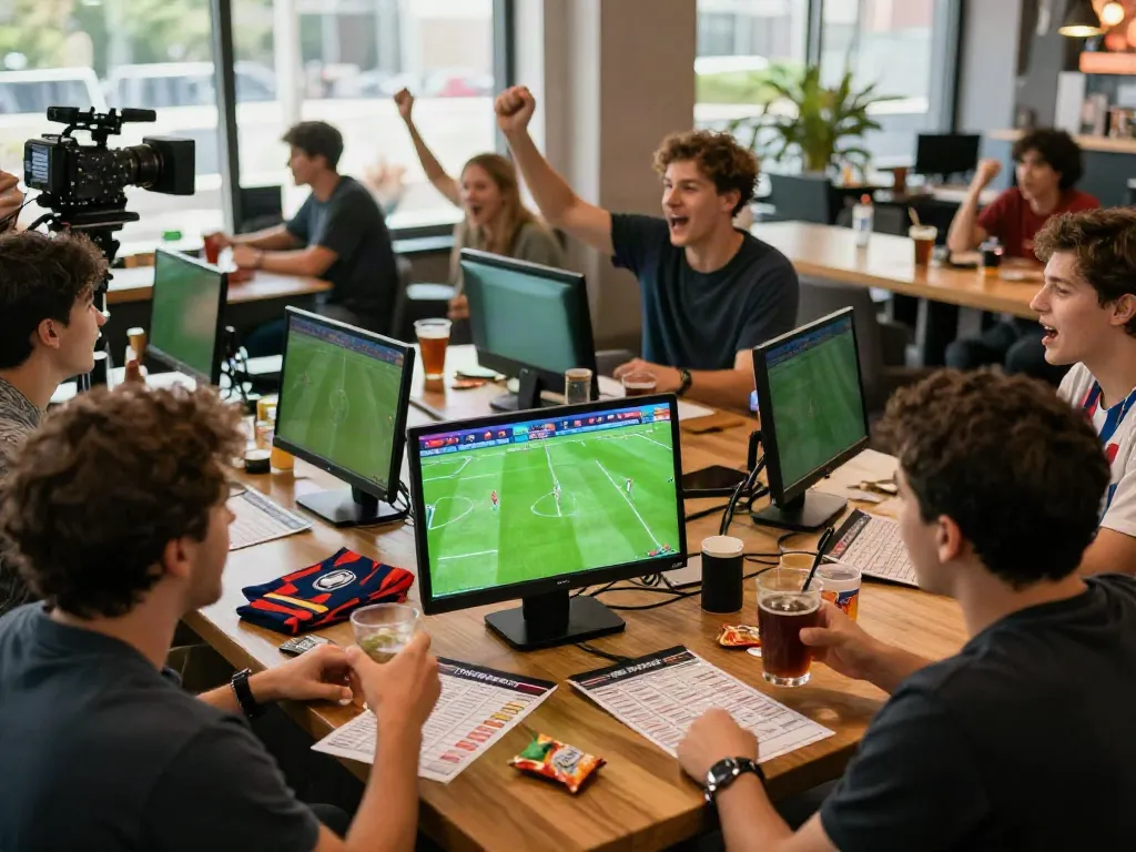 WWBOLA betting scene with friends enjoying live soccer matches and betting slips in a vibrant lounge.