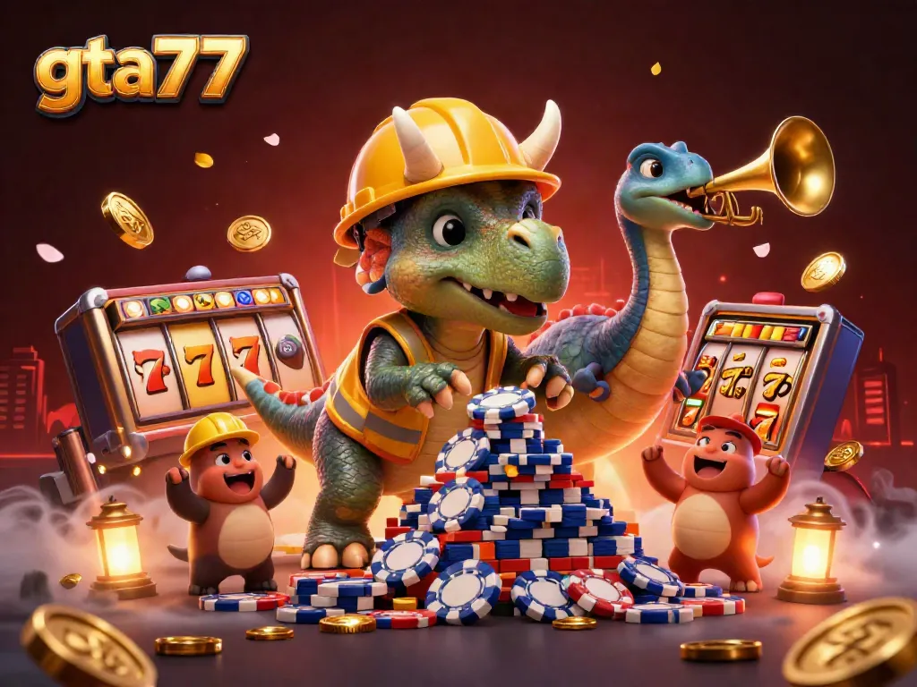 GTA77 menyuguhkan triceratops membangun tumpukan chip poker di kasino dengan elemen slot dan koin emas.