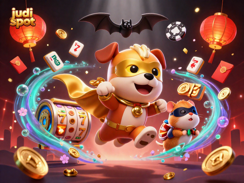 Permainan judi slot dengan karakter anjing pahlawan superhero terbang mengantarkan koin emas.