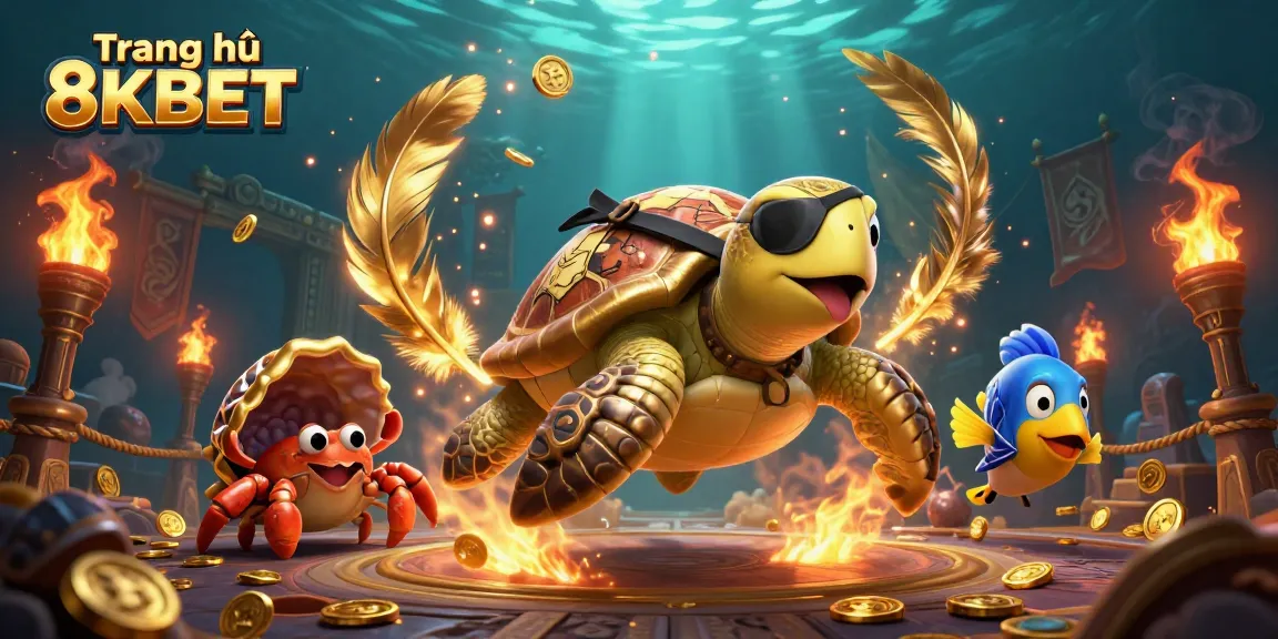Engaging illustration showcasing Trang chủ 8KBET with a pirate turtle and treasures, perfect for casino enthusiasts.