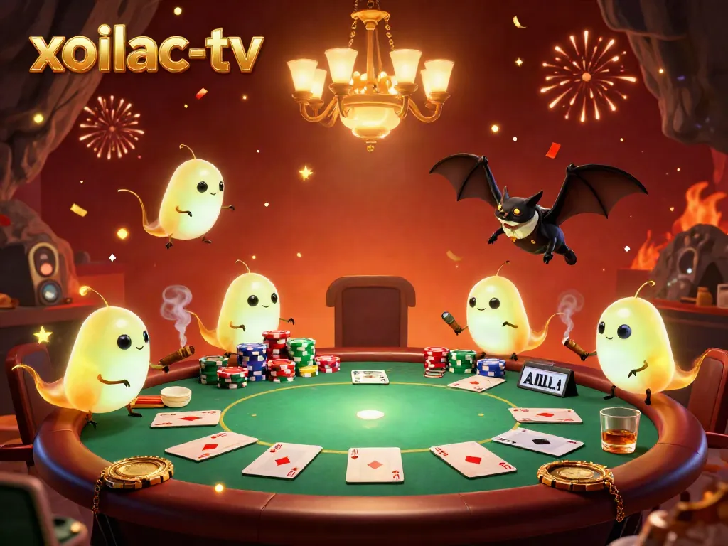 Enjoy thrilling poker action at Xoilac-TV casino, illuminated by glowworms and a bat dealer, surrounded by colorful chips.