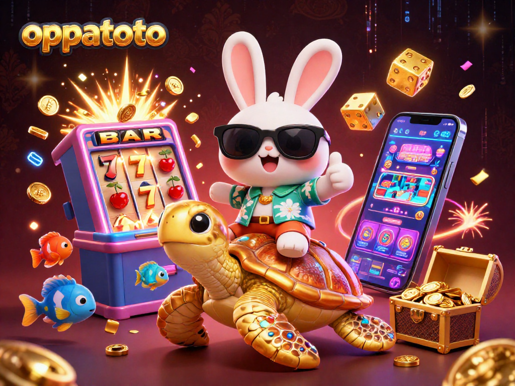Engage in thrilling oppatoto gaming with lucky rabbit and golden sea turtle in a vibrant casino scene.