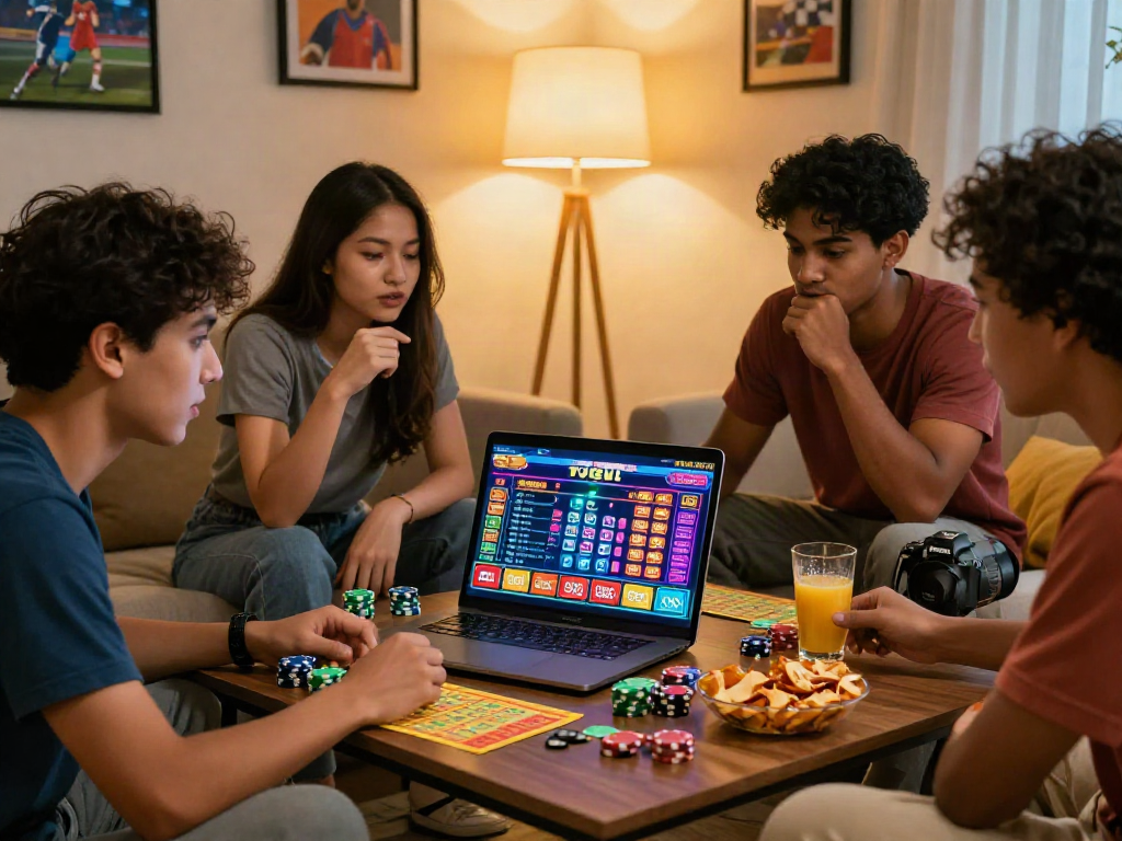 Friends discussing situs togel betting strategies in a cozy living room.