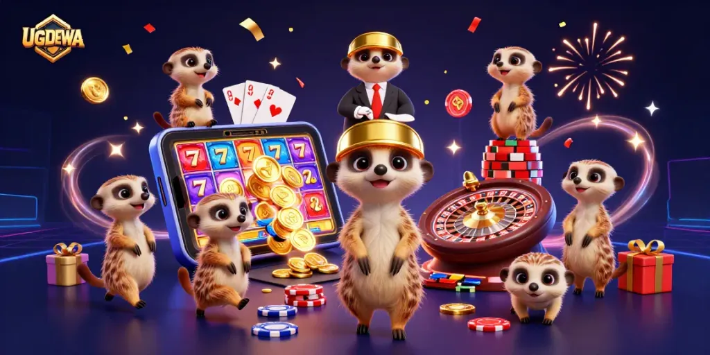 UGDEWA meerkats orchestrating a thrilling casino operation with dynamic gaming elements.