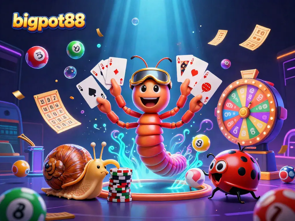 bigpot88 meriah dengan dealer milipede 3D, kartu, dan lotere di latar belakang glamor.