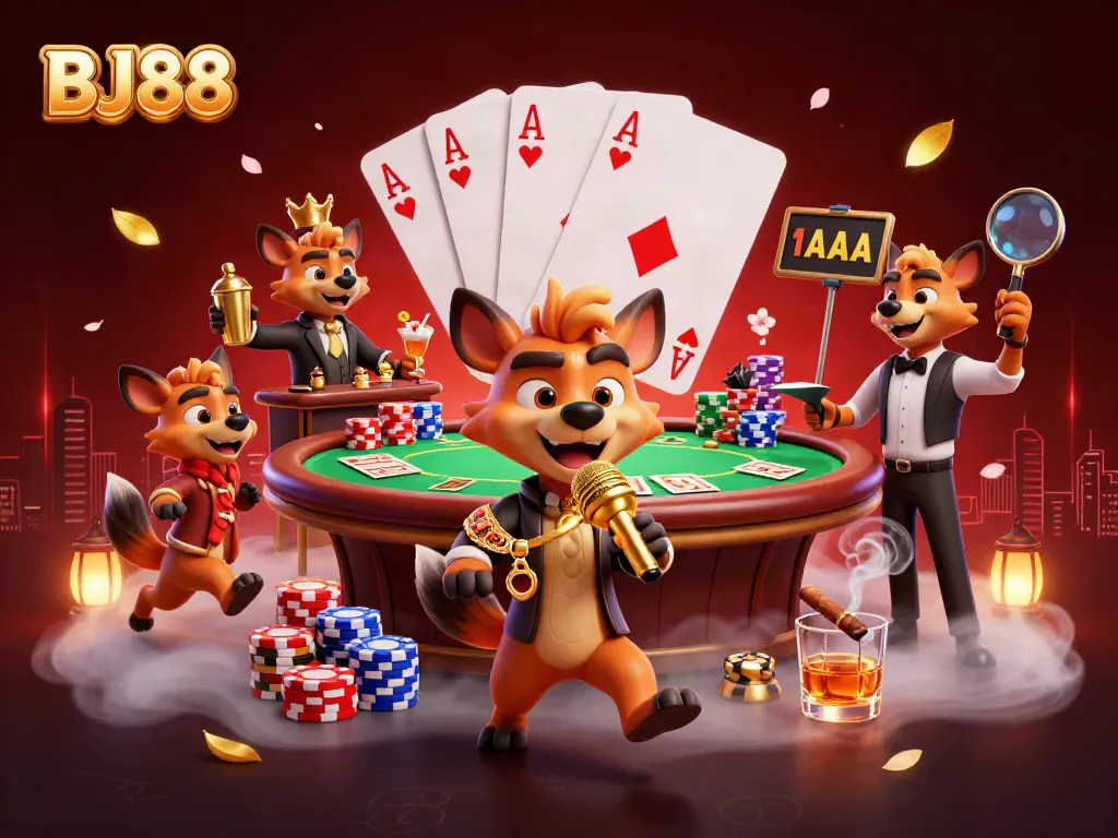 BJ88 showcases hyenas in a vibrant casino scene, engaging in comedy, bartending, and security.