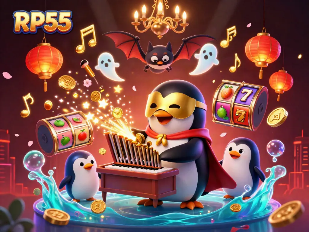 Engage with RP55 through a vibrant 3D casino illustration featuring a penguin playing an organ that shoots gold coins.