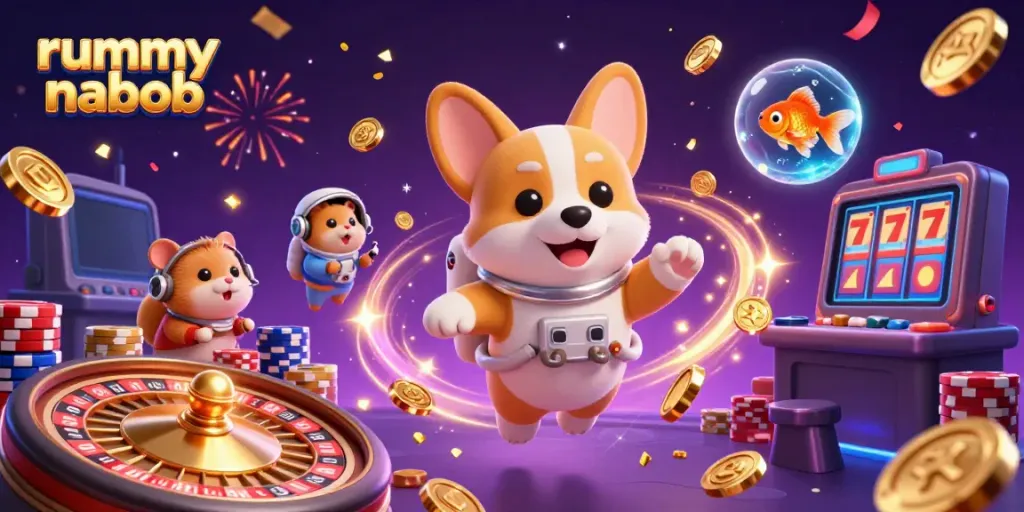 Rummy Nabob menampilkan corgi astronaut 3D bermain di kasino luar angkasa yang penuh dekorasi menarik.