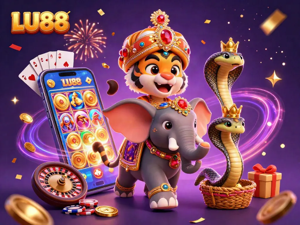 LU88 celebrates big wins with a vibrant 3D casino scene of a maharaja tiger and elephant.