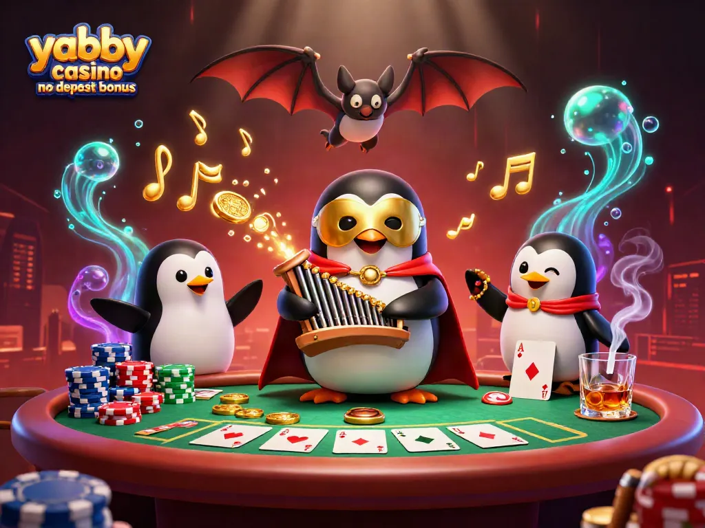 Experience the excitement of the yabby casino no deposit bonus with an animated, lively scene featuring a penguin organist.