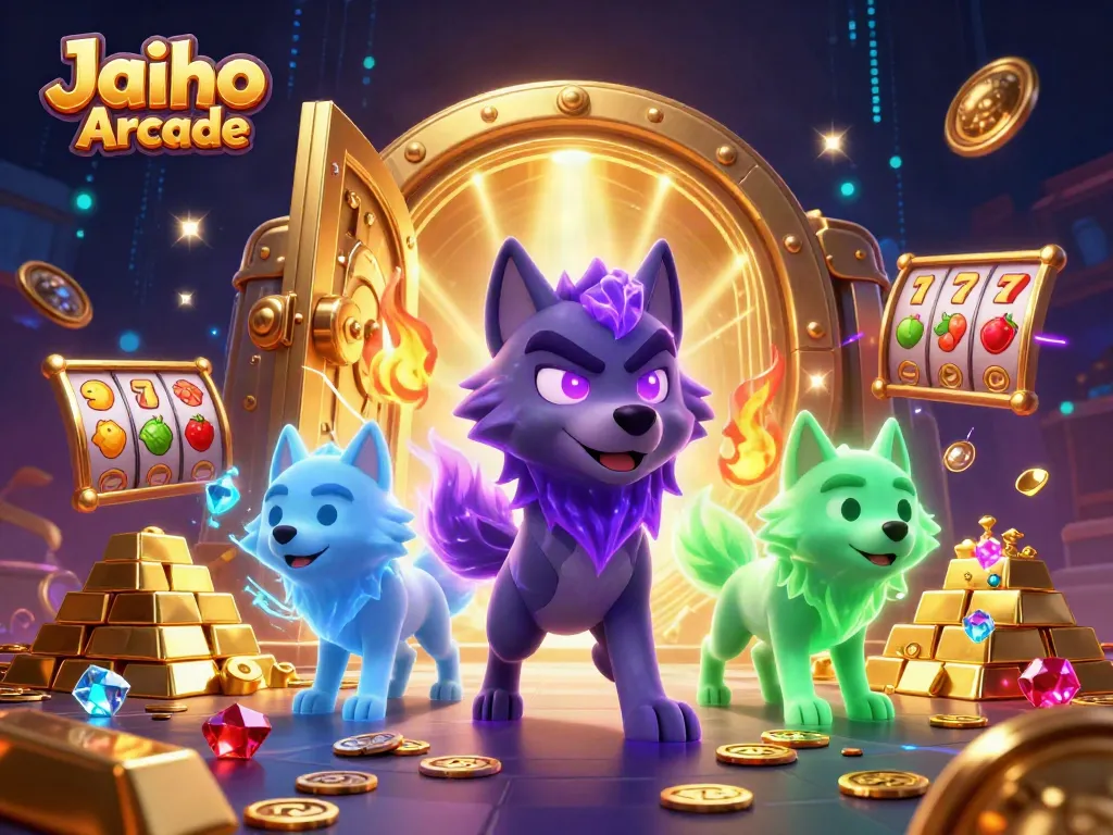 Experience thrilling gameplay at Jaiho Arcade with engaging slot machine elements, vibrant colors, and dynamic energy.