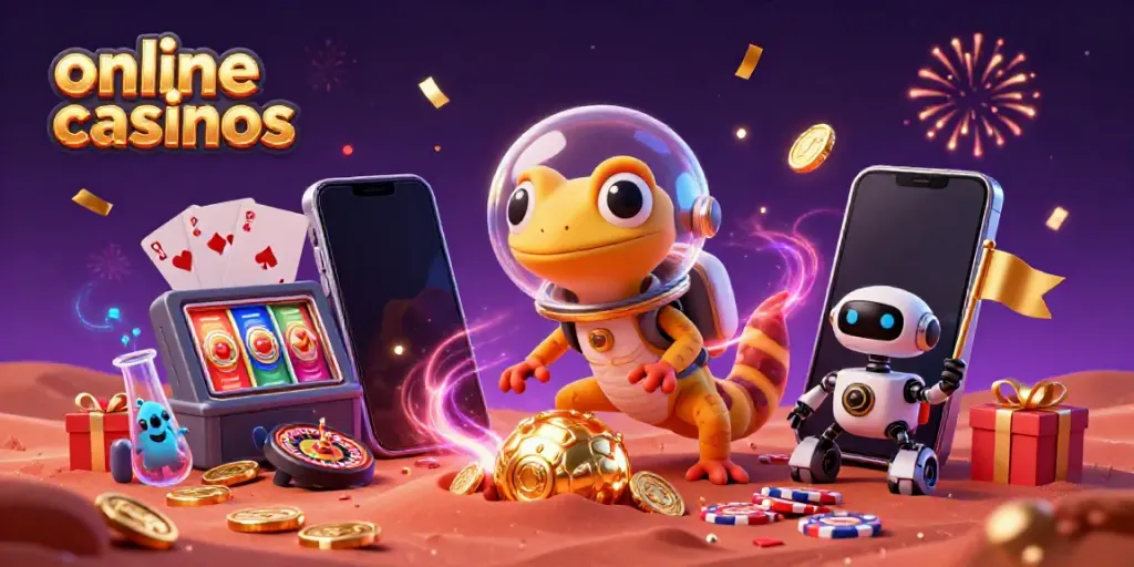 Experience vibrant online casinos with a Martian gecko discovering a golden casino scene under Mars' sand.