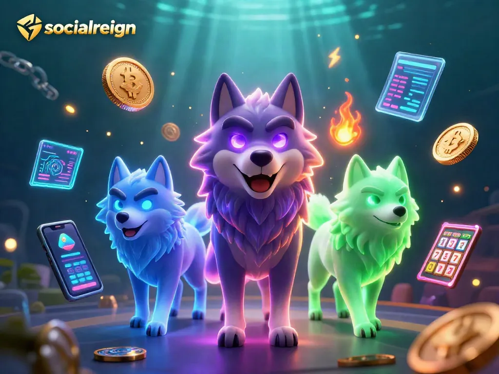 Experience the thrill of socialreign as spectral wolves surround vibrant casino elements and crypto coins.