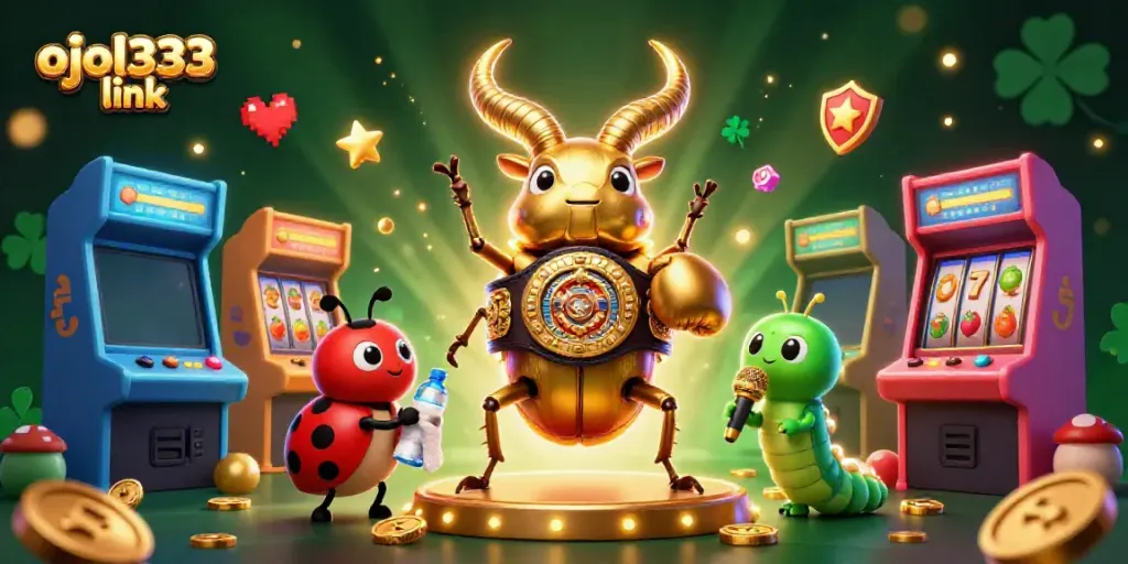 Experience the thrill at ojol333 link with a dynamic game scene featuring a golden stag beetle and colorful slot elements.