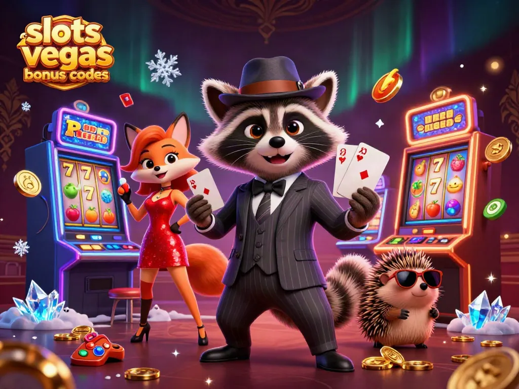 Enjoy exciting slots of vegas bonus codes with characters around colorful 3D slot machines.