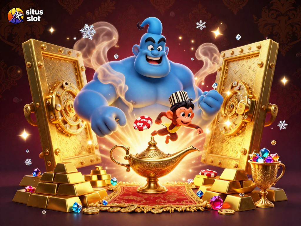 Permainan situs slot menampilkan genies, koin emas, dan permata dalam ilustrasi menarik.
