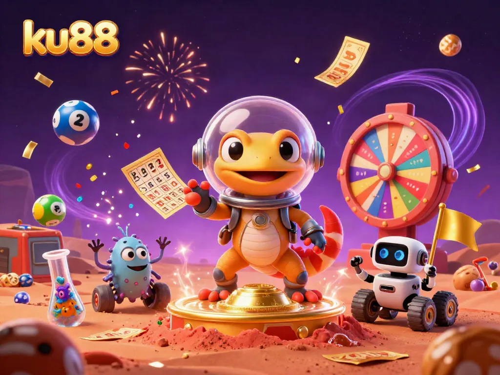 ku88 Martian gecko celebrates a jackpot with lottery balls and golden casino treasures