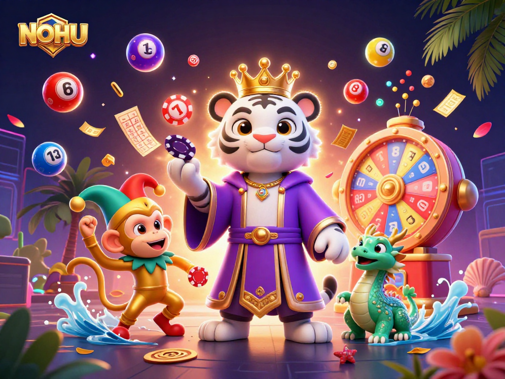 Experience NOHU's vibrant gaming action with lively characters, dynamic balls, and a thrilling jackpot scene.