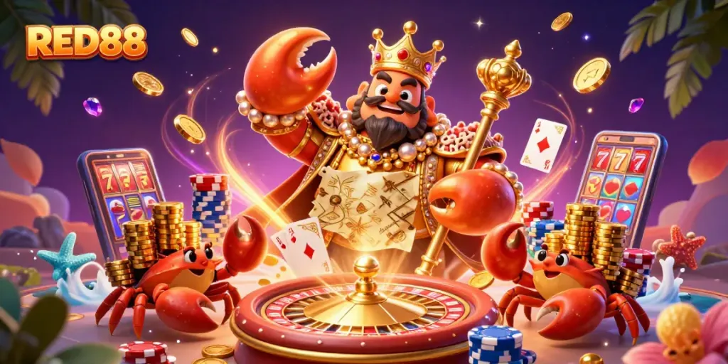 Engage with the exciting RED88 casino scene featuring a golden crab emperor amidst dynamic gaming elements.