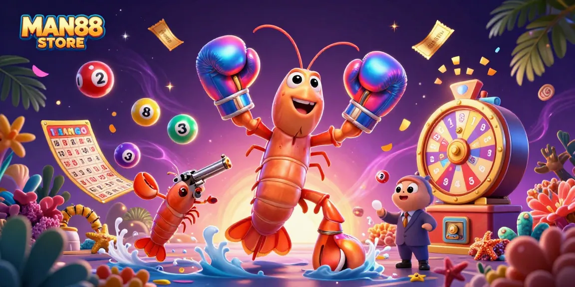 Engage in thrilling action at MAN88 STORE with vibrant lottery and bingo elements featuring dynamic shrimps.