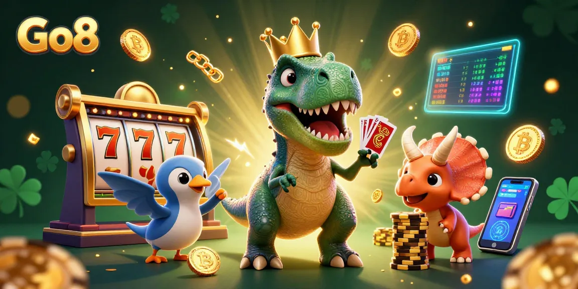 Engage with Go8's dynamic casino scene featuring a T-Rex and friends amid sparkling slots and crypto.