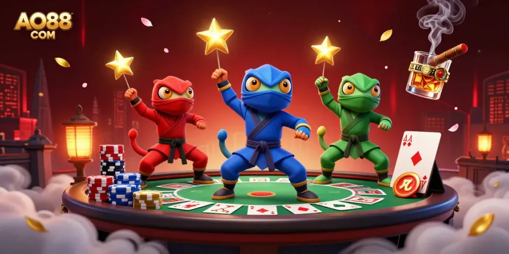 Experience the excitement of gambling at AO88 COM with vibrant ninja chameleons in martial arts poses amidst dynamic casino elements.