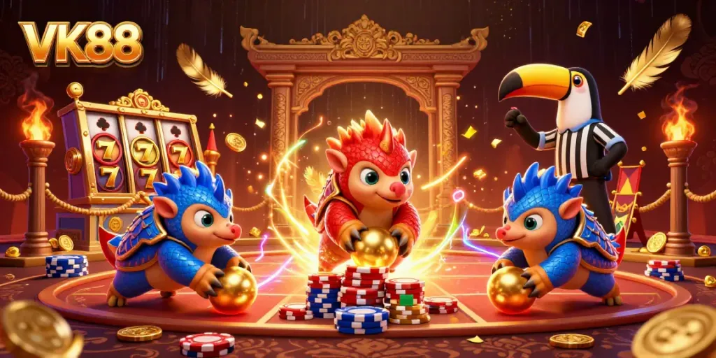VK88 pangolins strike poker chips in a vibrant casino showdown full of golden gambling elements.