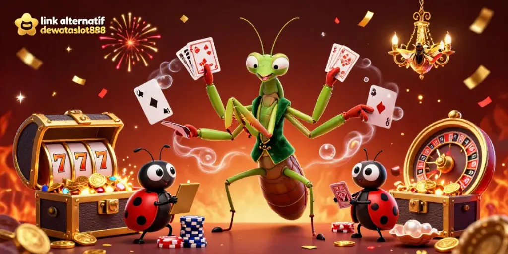 Link alternatif dewataslot888 menampilkan mantis raksasa dan pengawas ladybug dalam suasana kasino penuh keceriaan.